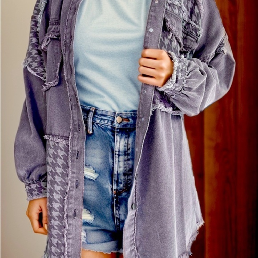 Houndstooth Raw Hem Dropped Shoulder Jacket